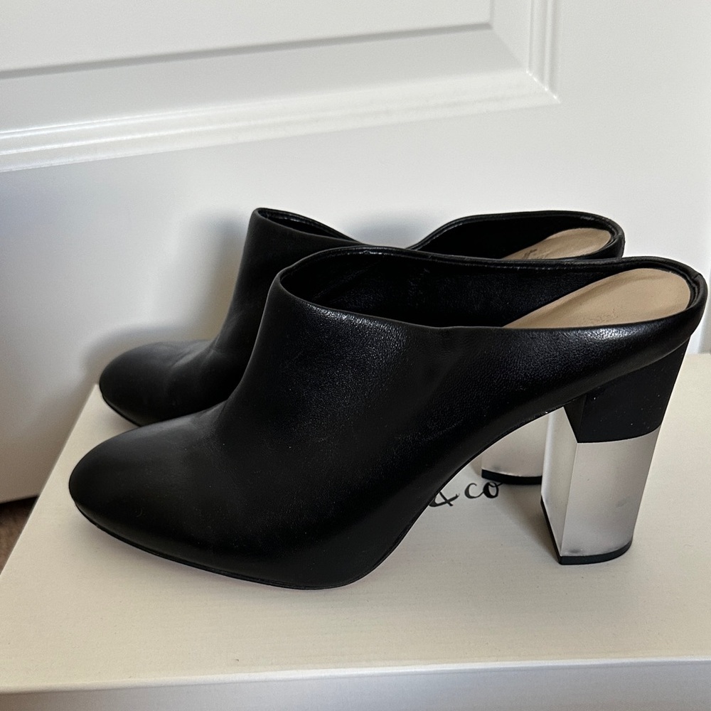 Black Leather Mules with Silver Heel Enzo Anglioni Size 9